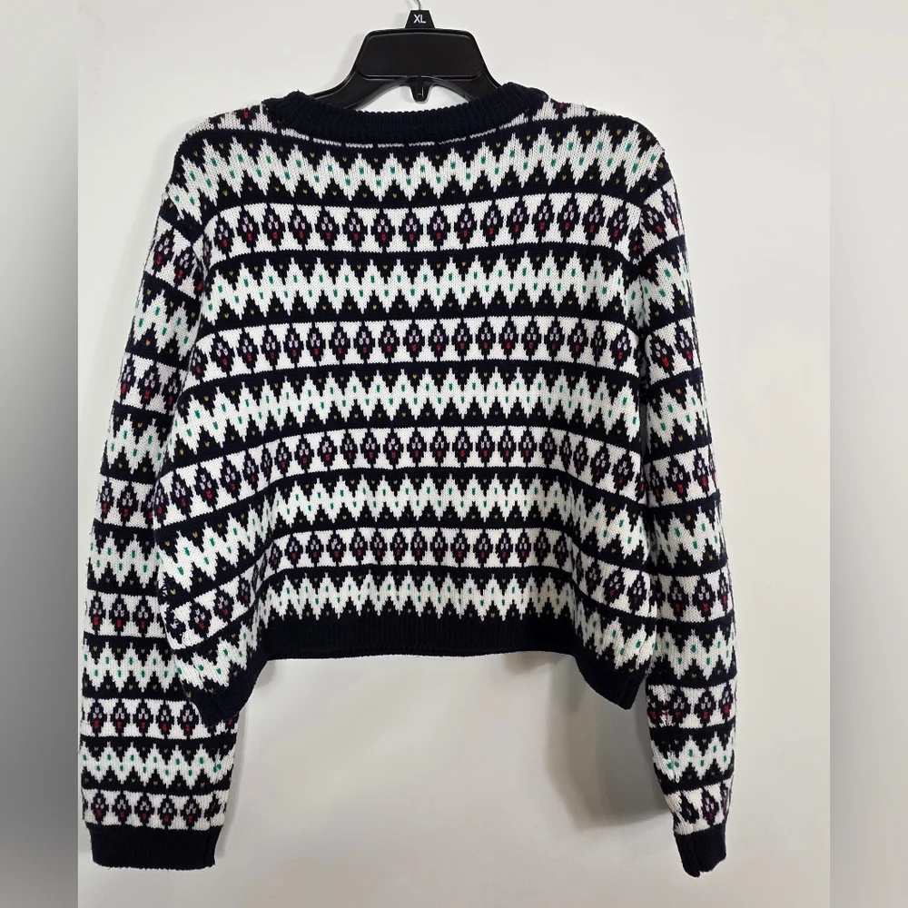 La Ligne Fair Isle Merino Wol Navy Blue Henley Crewneck Pullover Sweater M - Picture 3 of 6